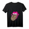 Damen Leopard und Hot Pink Lippe & Zunge T-Shirt mit V-Ausschnitt  Trendiges, weiches Oberteil für jede Jahreszeit